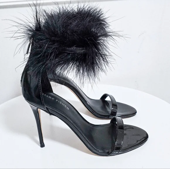 Marc Fisher black patent leather faux fur ankle strap sandals heels size… - Picture 3 of 8